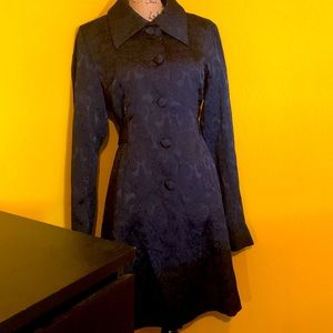 L Charlotte Russe Black Satin Floral Trench Coat